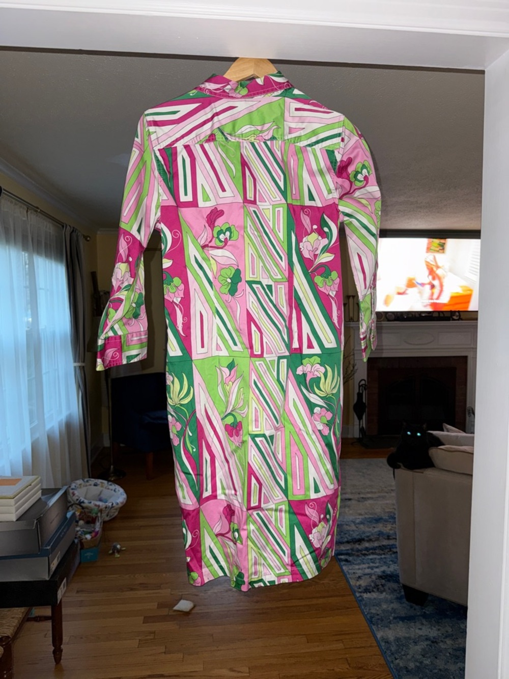 Talbots Pink & Green Geometric Floral Midi Shirt Dress - Picture 2 of 3